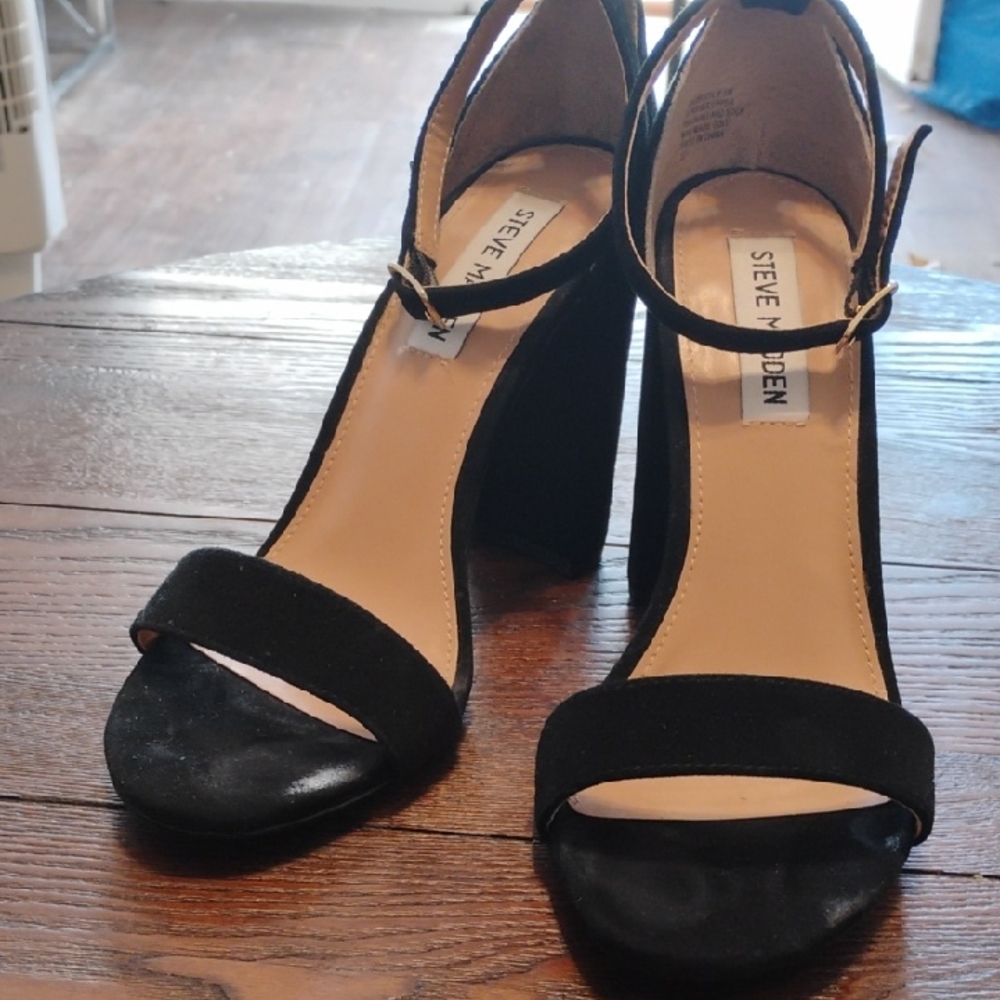 {$20 BUNDLED} STEVE MADDEN Black Leather Suede Ankle Strapped Block Heel Sandals - Picture 1 of 11